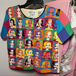 Michael Simon Sweater Top Colorful Retro Vintage Woman’s Face Sz Small Rainbow